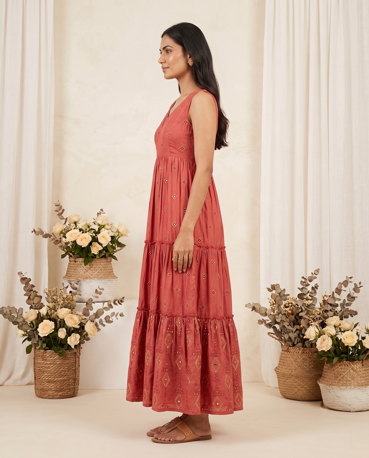 Zola Terracotta Embroidered Tiered Maxi Dress