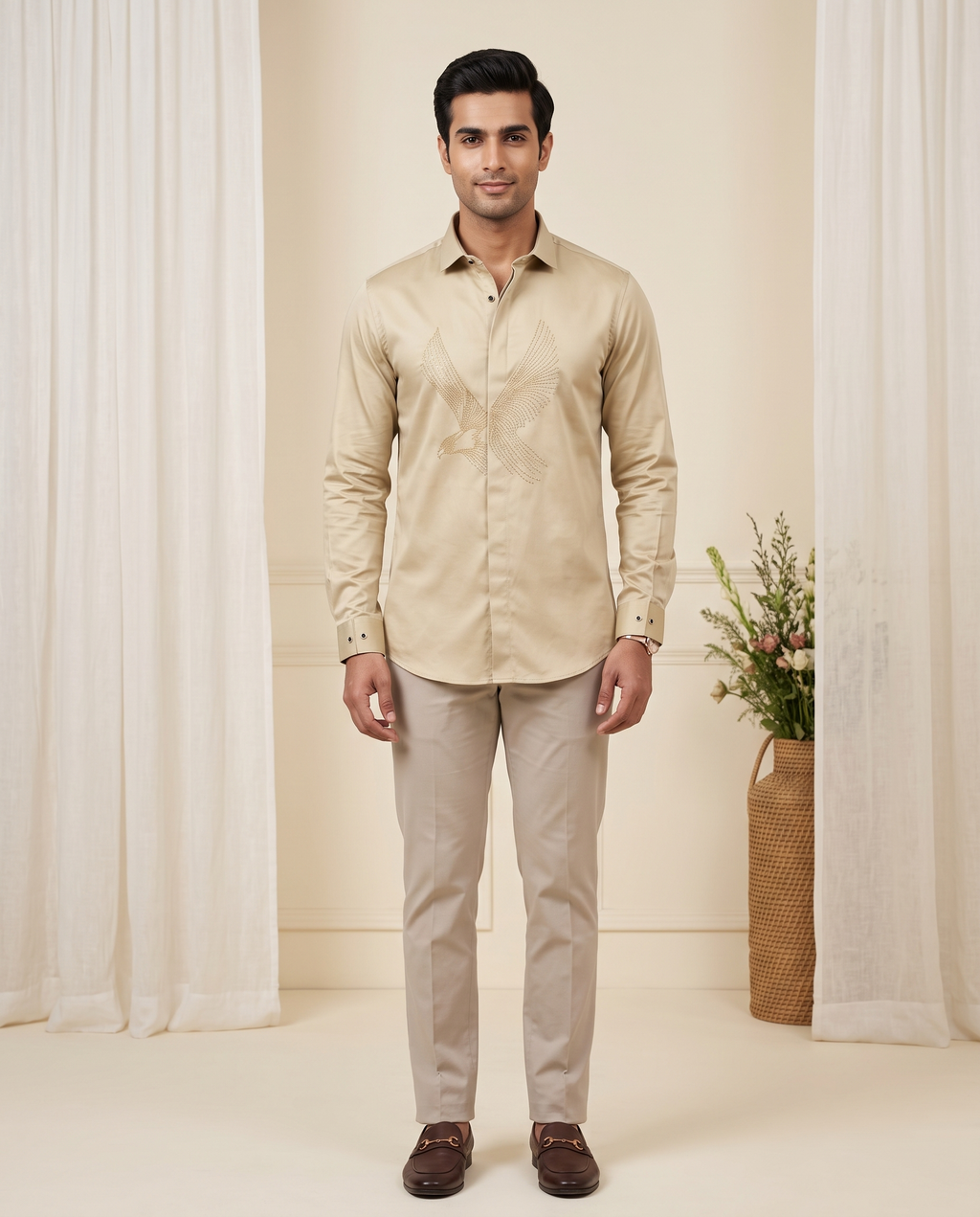 Men's Beige Pearl Studded Full-Sleeve Shirt