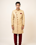 Men's Gold Jacquard Sherwani with Maroon Piping & Embroidered Collar