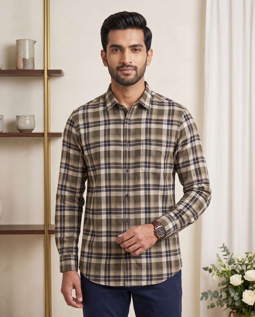 Men's Olive & Navy Plaid Full-Sleeve Shirt