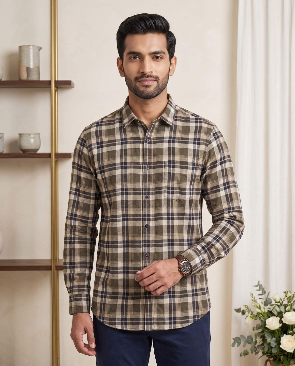 Men's Olive & Navy Plaid Full-Sleeve Shirt