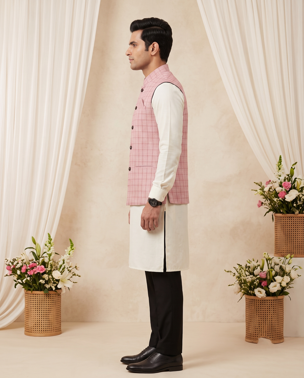 Nehru Jacket (Modi Coat) – Peach color Textured Weave