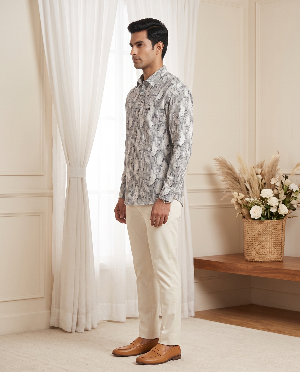 Men's Grey Crane Print Full-Sleeve Shirt