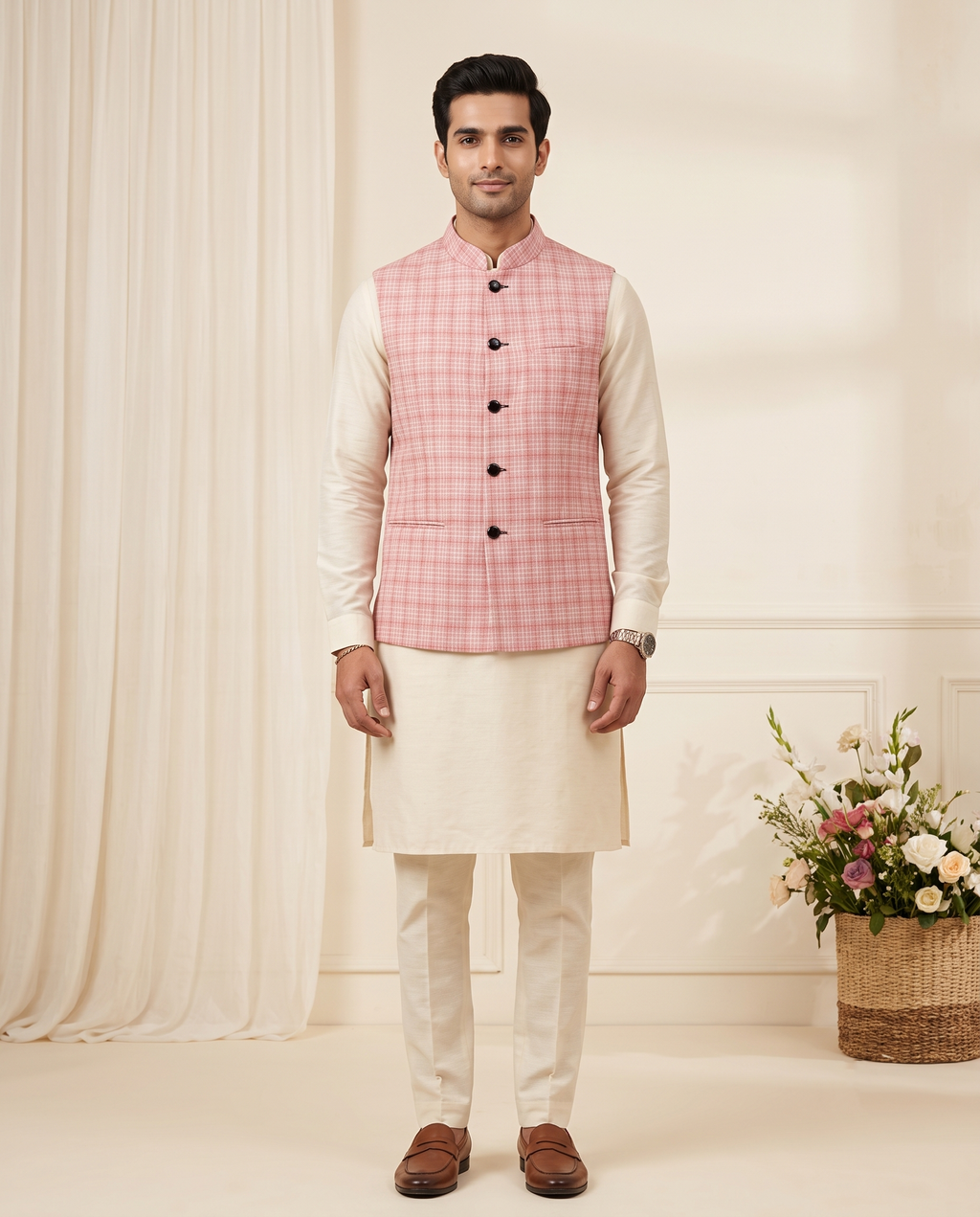 Men's Pink Textured Nehru Jacket (Modi Coat)