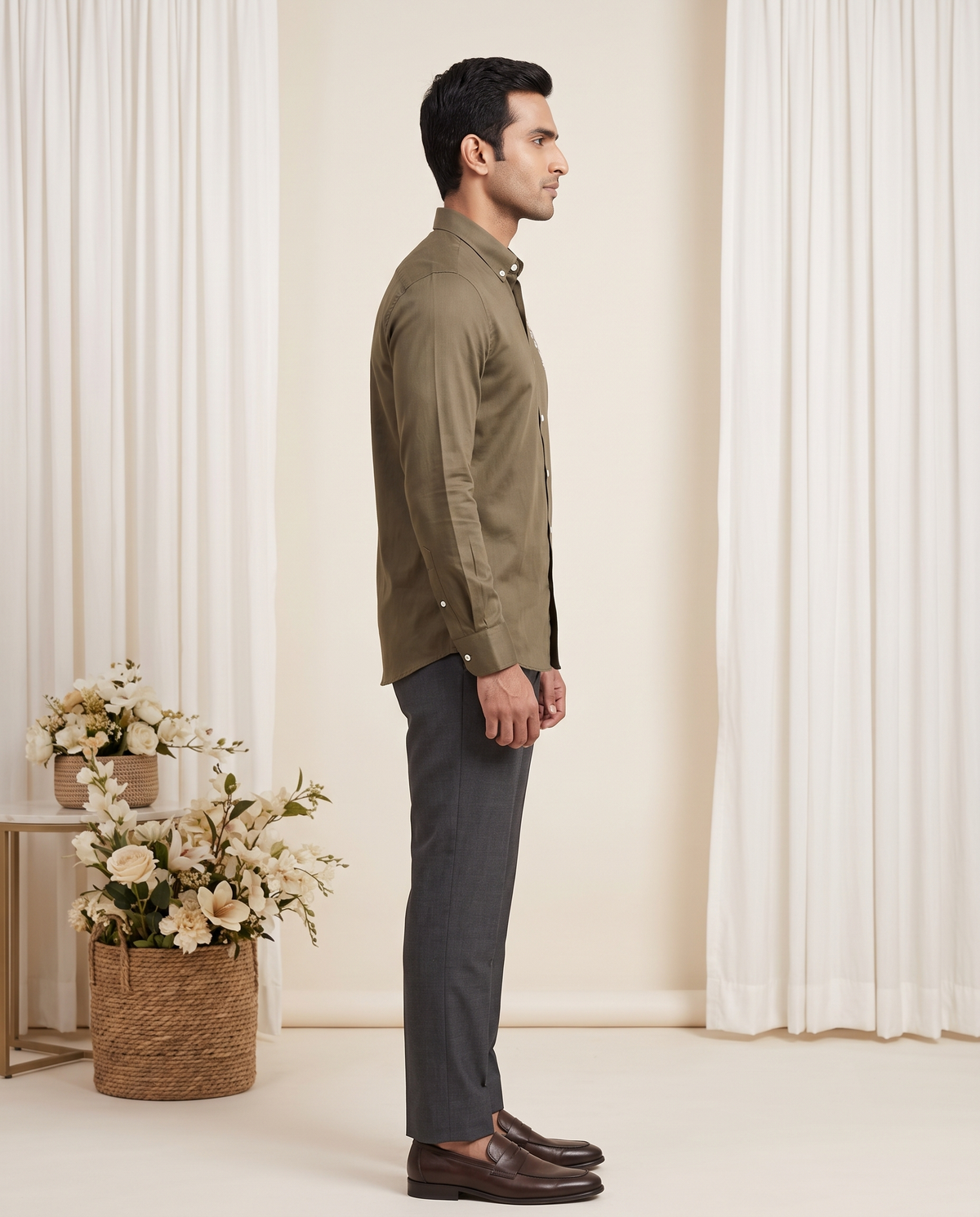 Men's Olive Embroidered Linen Full-Sleeve Shirt