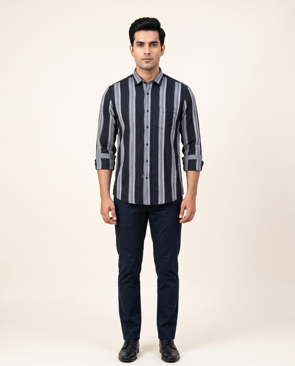 Men's Navy Striped Full-Sleeve Formal Shirt