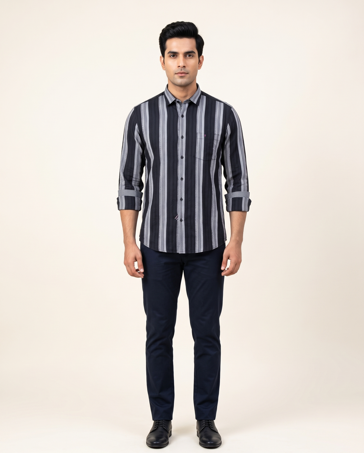 Men's Navy Striped Full-Sleeve Formal Shirt