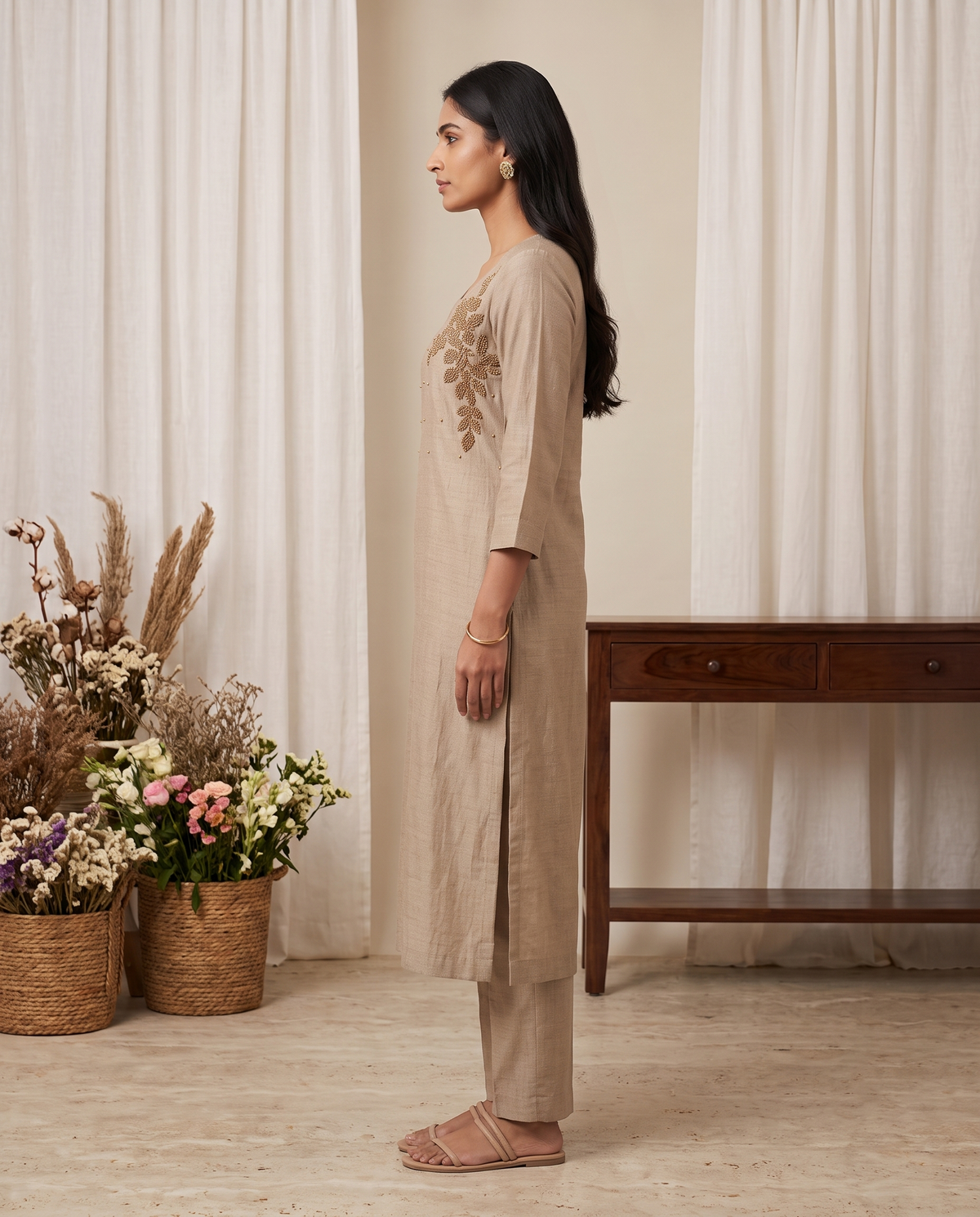 Sand Beige Hand-Embroidered Kurta Set