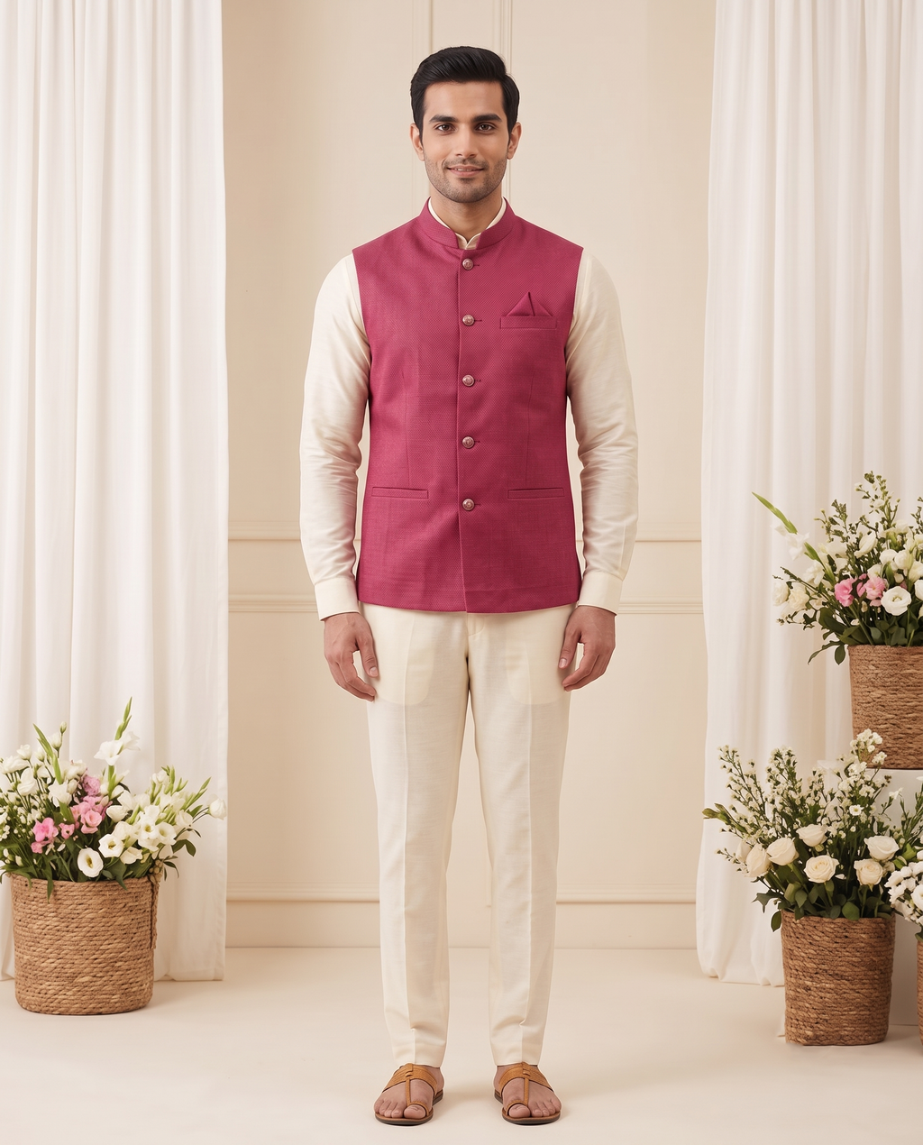 Men's Crimson Silk Blend Nehru Jacket | Modi Coat for Men