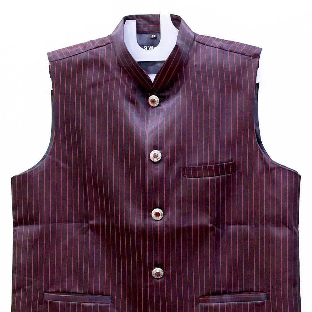 Men's Wine Pinstripe Nehru Jacket | Structured Modi Coat for Men
