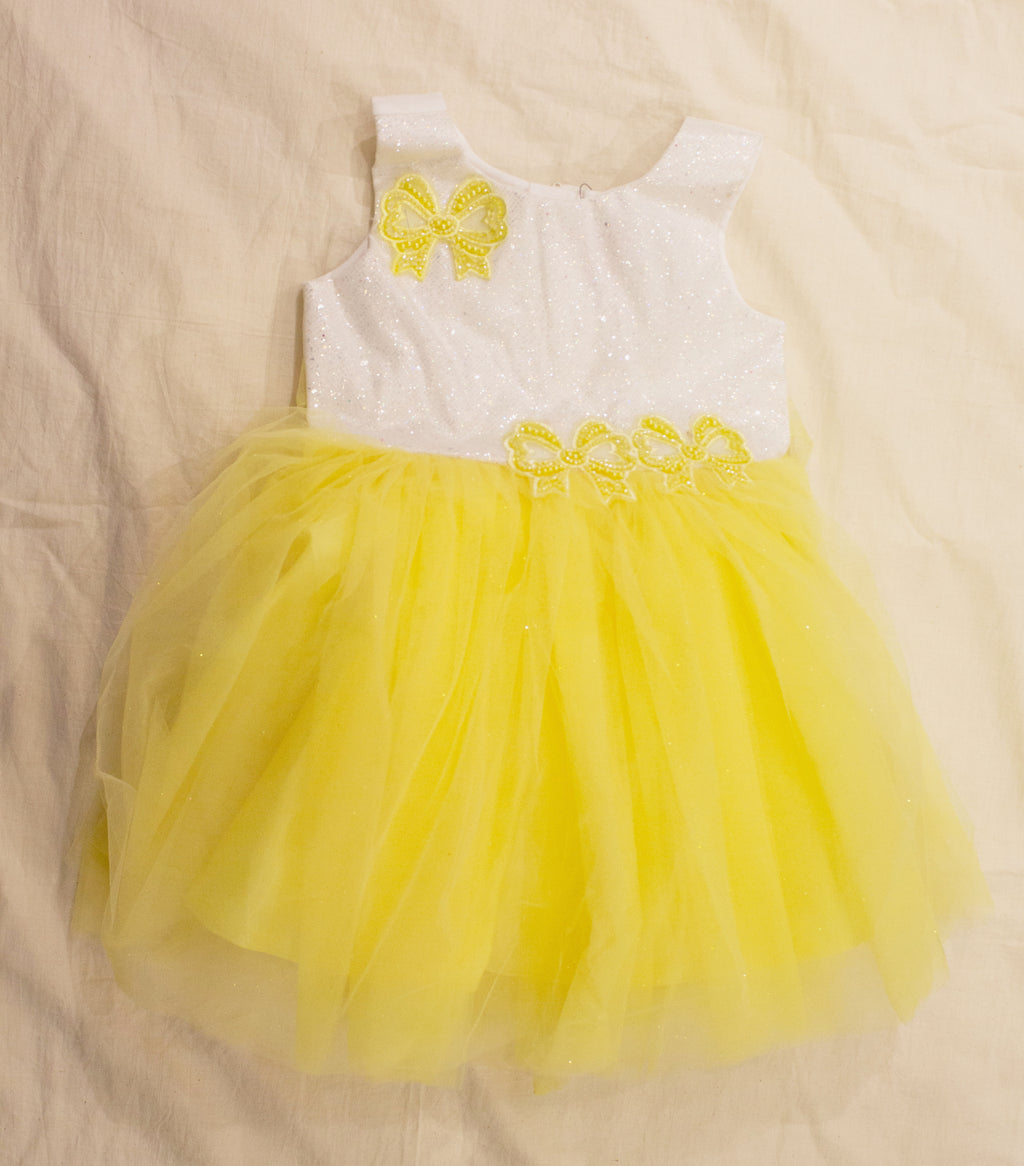Infant Girls' White & Yellow Brocade Net Party Frock with Glitter & Pearl Bow