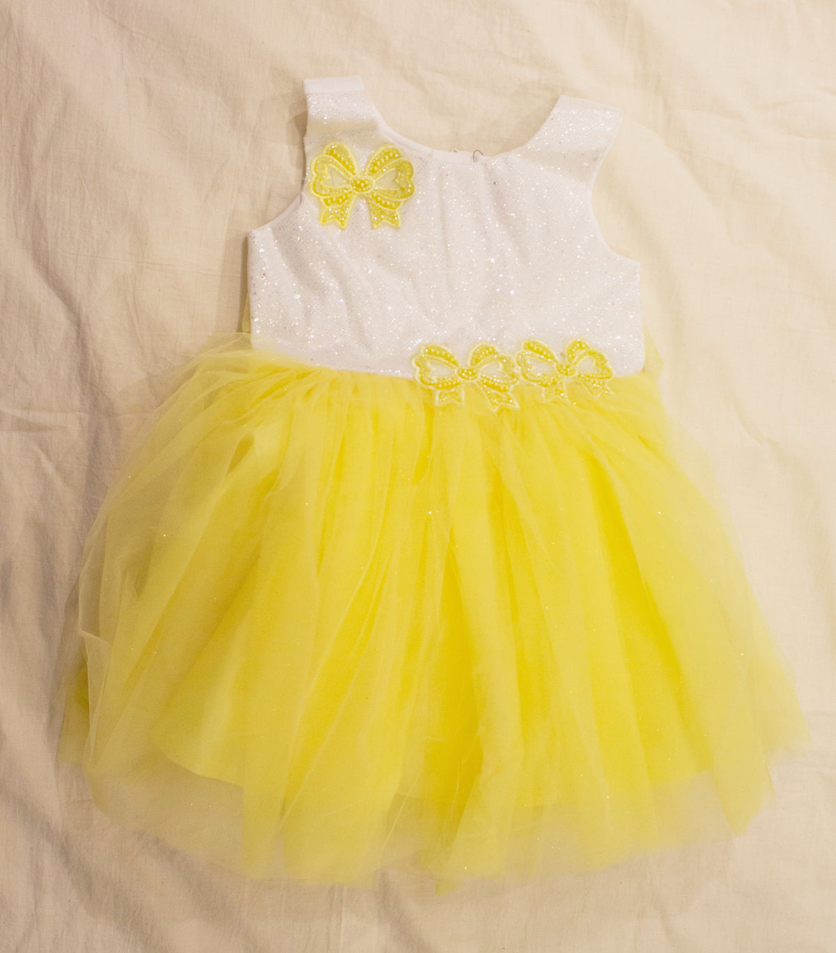 Infant Girls' White & Yellow Brocade Net Party Frock with Glitter & Pearl Bow