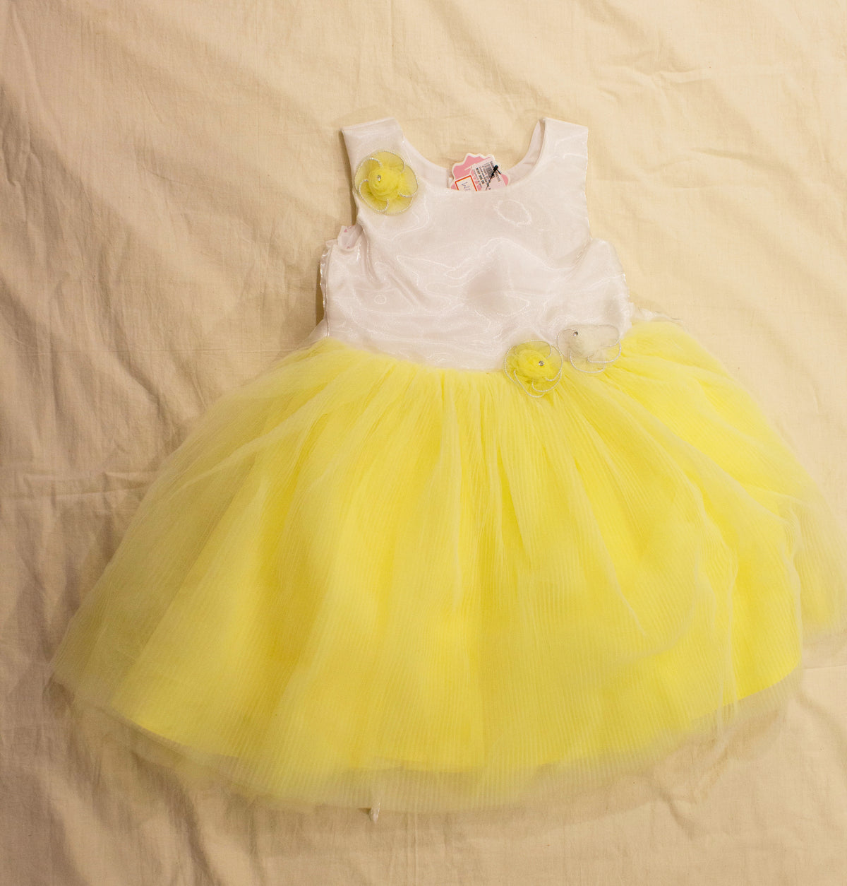 Girls White & Yellow Tulle Party Dress with Floral Appliqué
