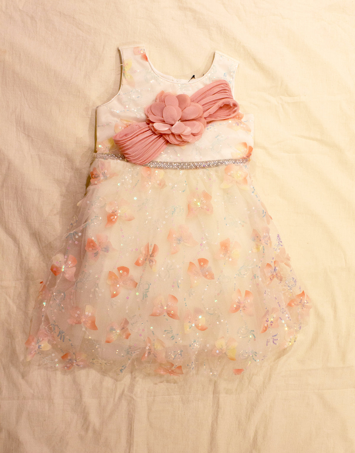 Girls' White & Pink Net Sequin Frock with Organza Floral Detail