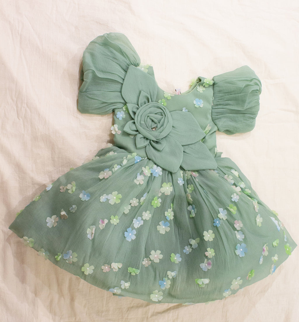 Girls Sage Green Puff Sleeve Floral Sequin Party Dress
