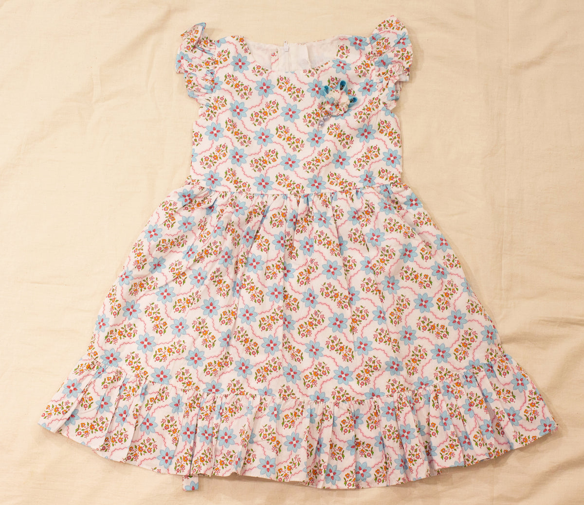 Girls Floral Block Print Flutter Sleeve Dress