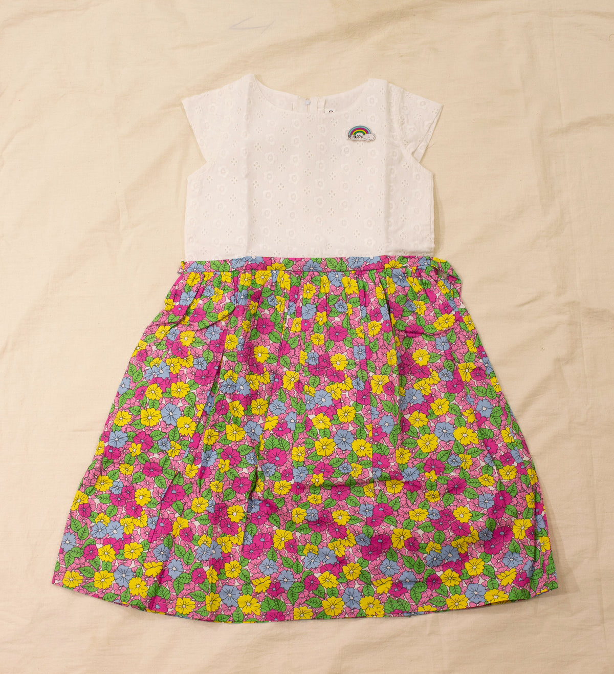 Girls White Schiffli & Floral Print Dress