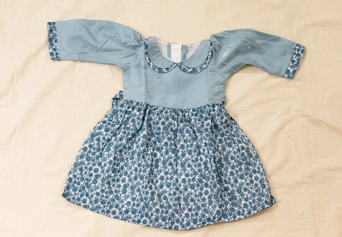Powder Blue Floral Printed Girls Dress — Peter Pan Collar