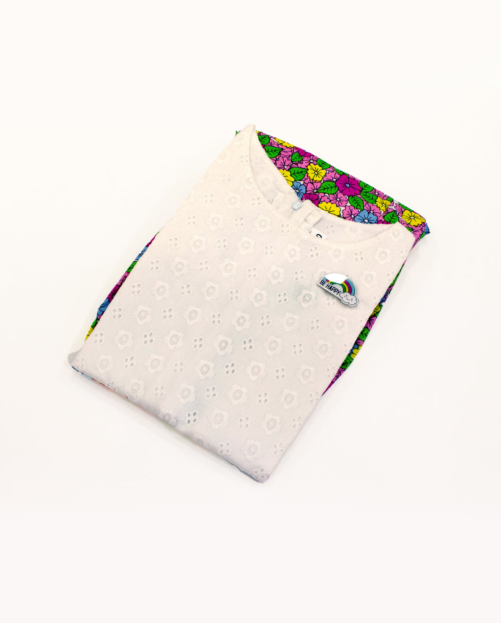 Girls White Schiffli & Floral Print Dress