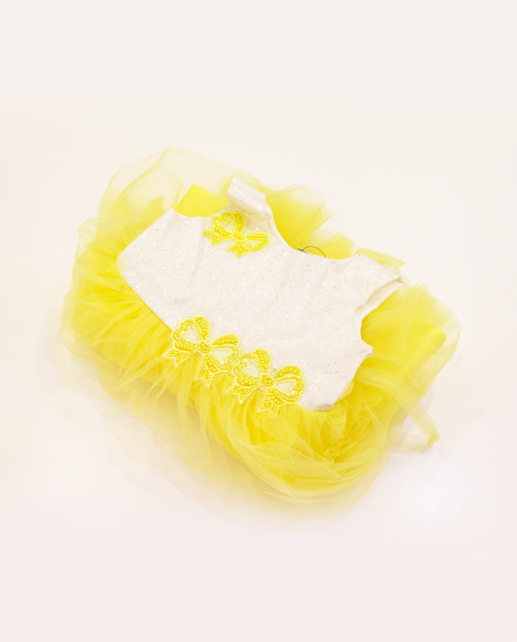 Infant Girls' White & Yellow Brocade Net Party Frock with Glitter & Pearl Bow