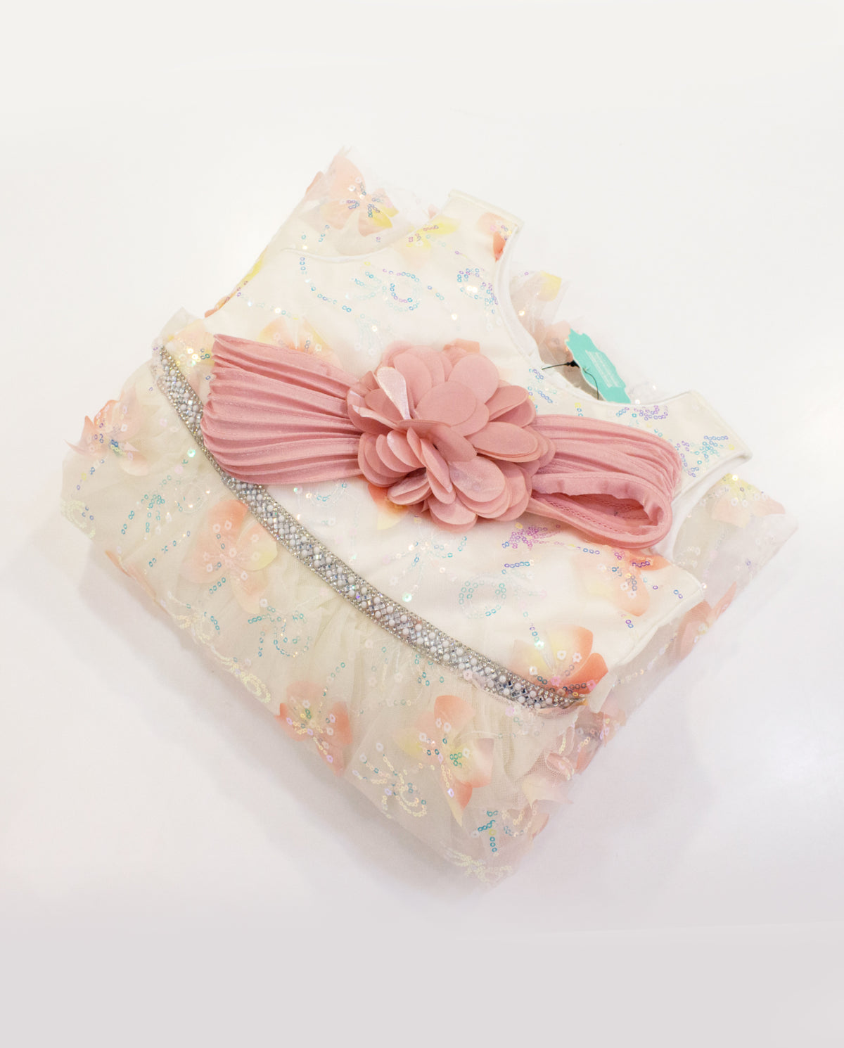 Girls' White & Pink Net Sequin Frock with Organza Floral Detail