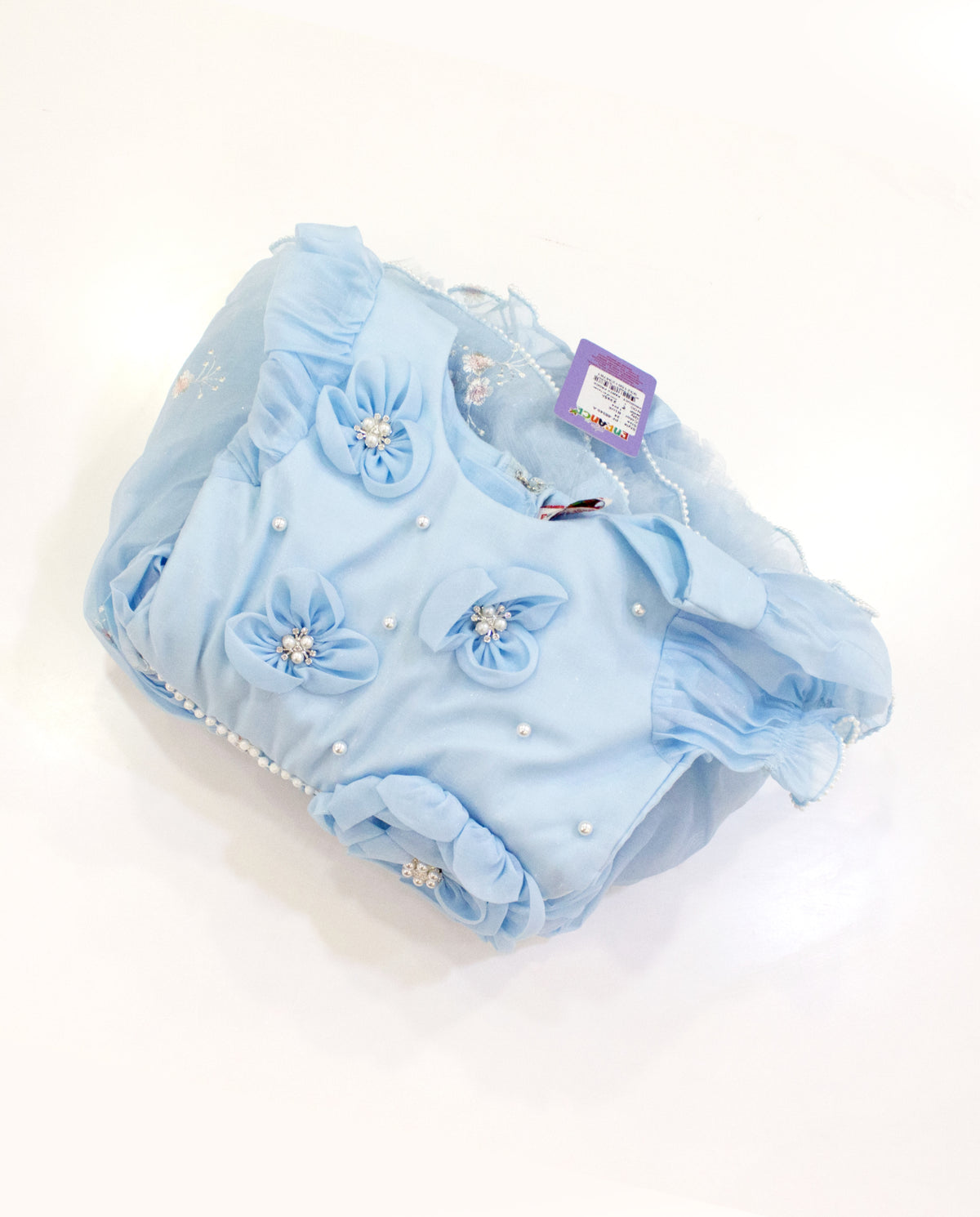 Girls Powder Blue Organza Party Dress with 3D Floral Appliqué & Pearl Embellishments