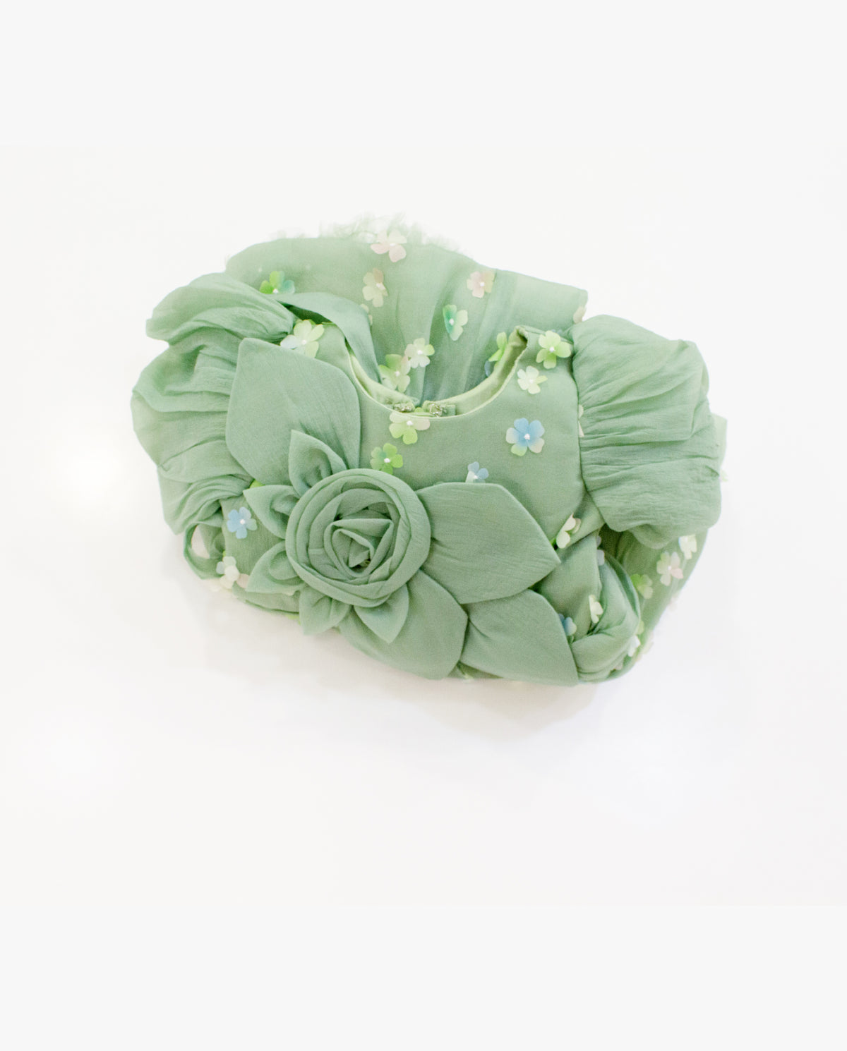 Girls Sage Green Puff Sleeve Floral Sequin Party Dress