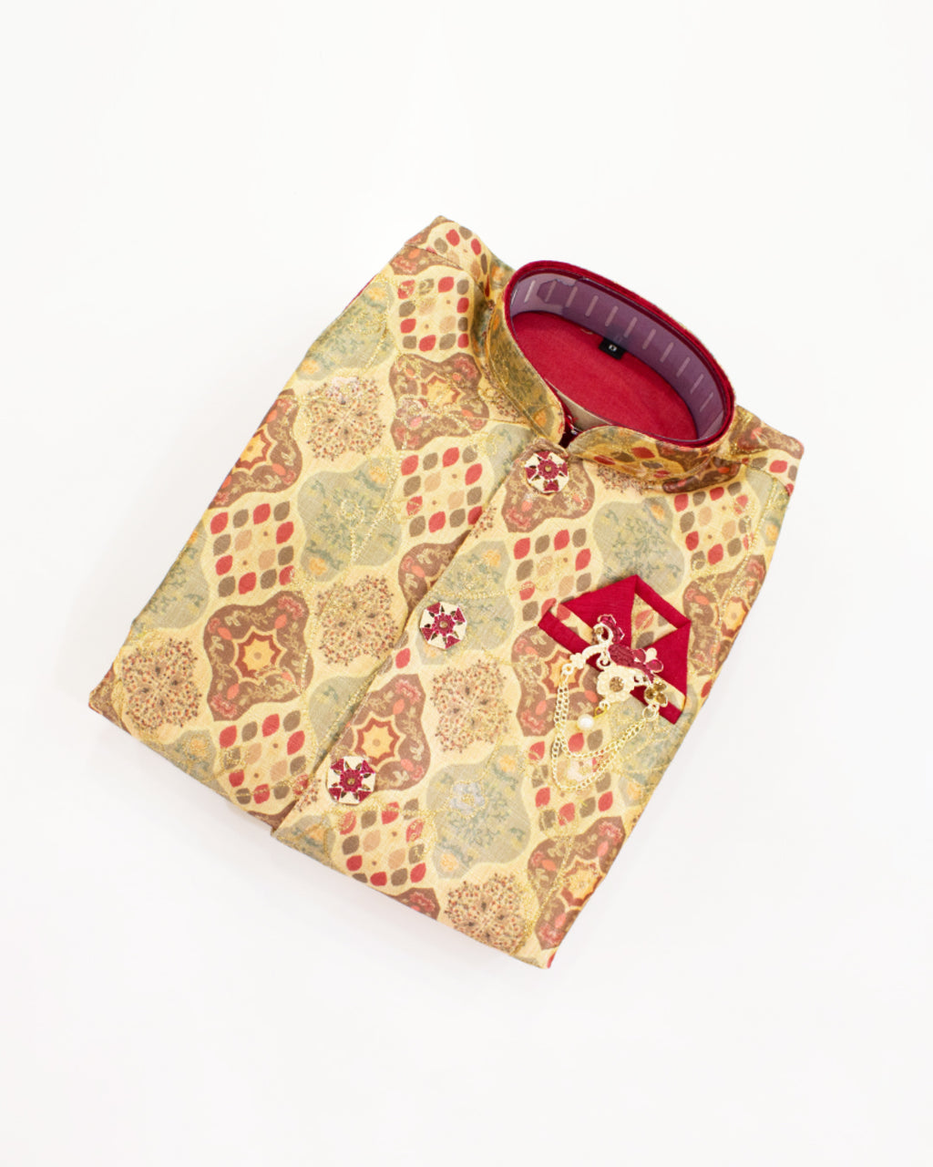 Boys' Maroon Kurta with Brocade Nehru Jacket & Churidar Set