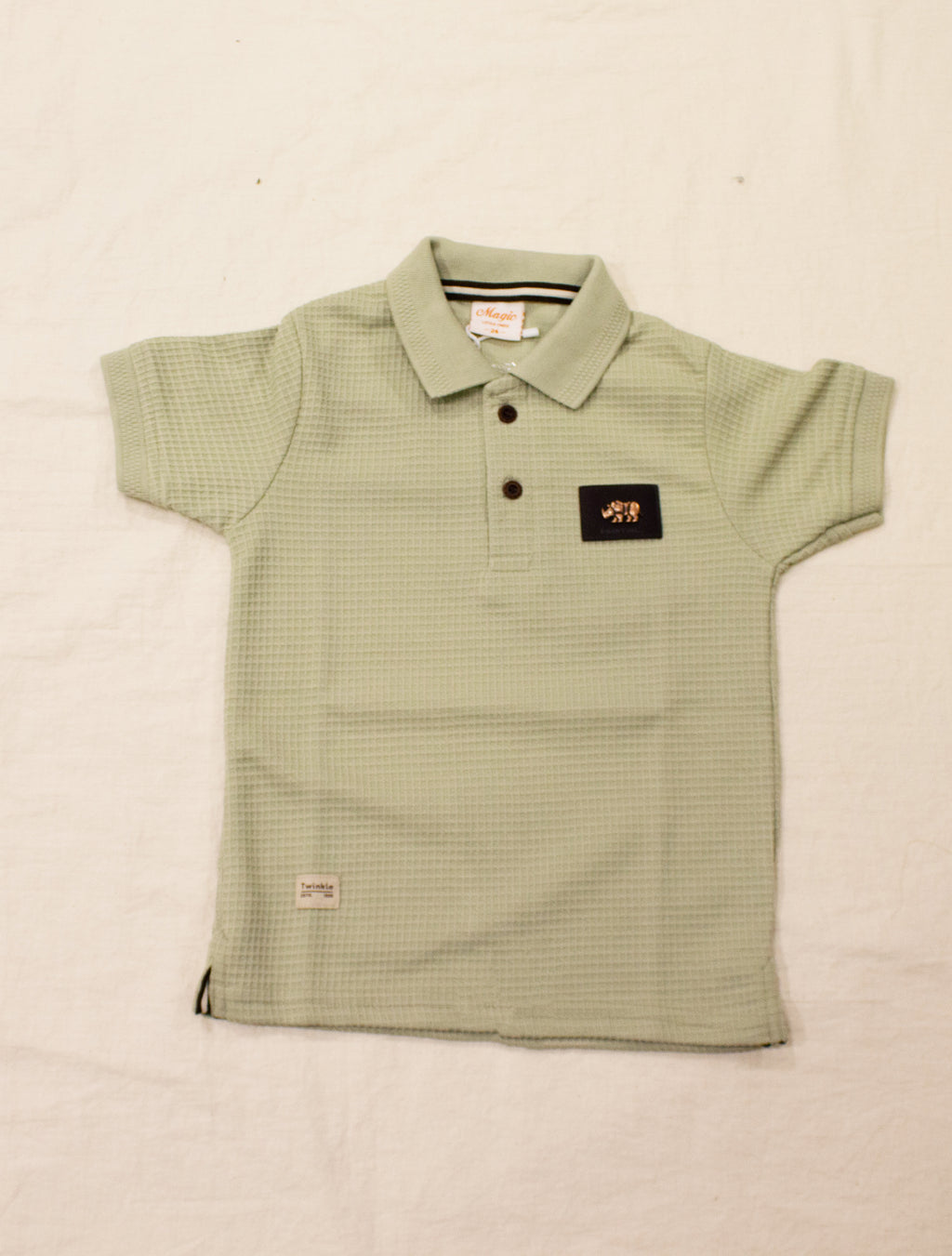 Boys Sage Green Waffle Textured Polo T-Shirt