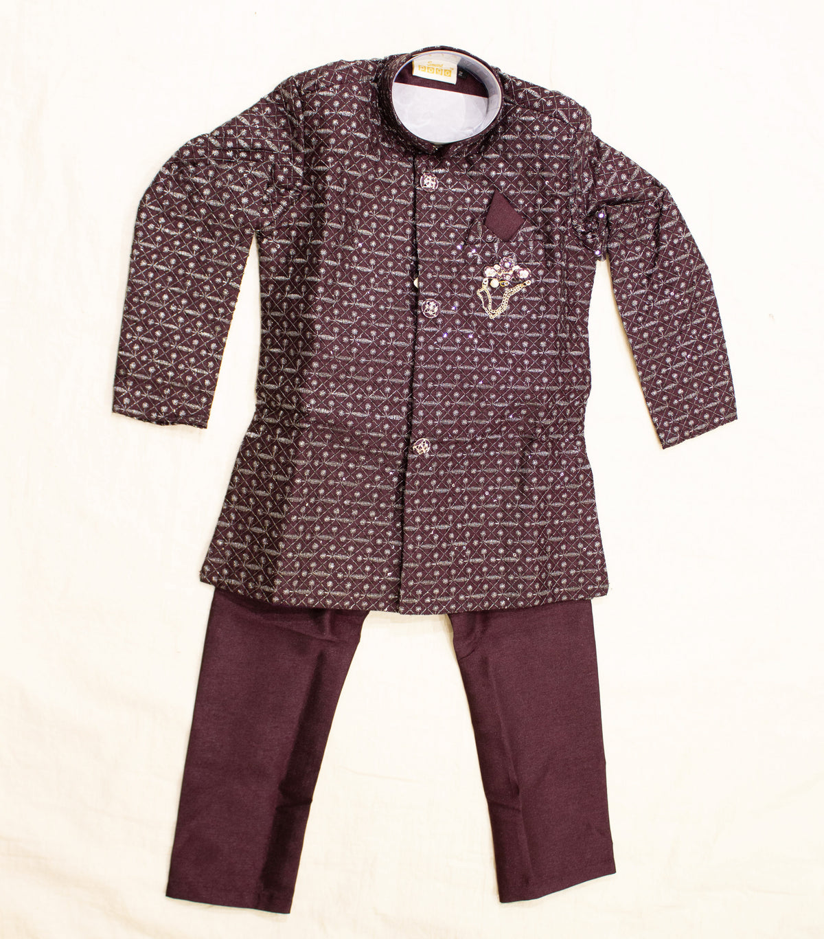 Boys' Wine Embroidered Sherwani Kurta