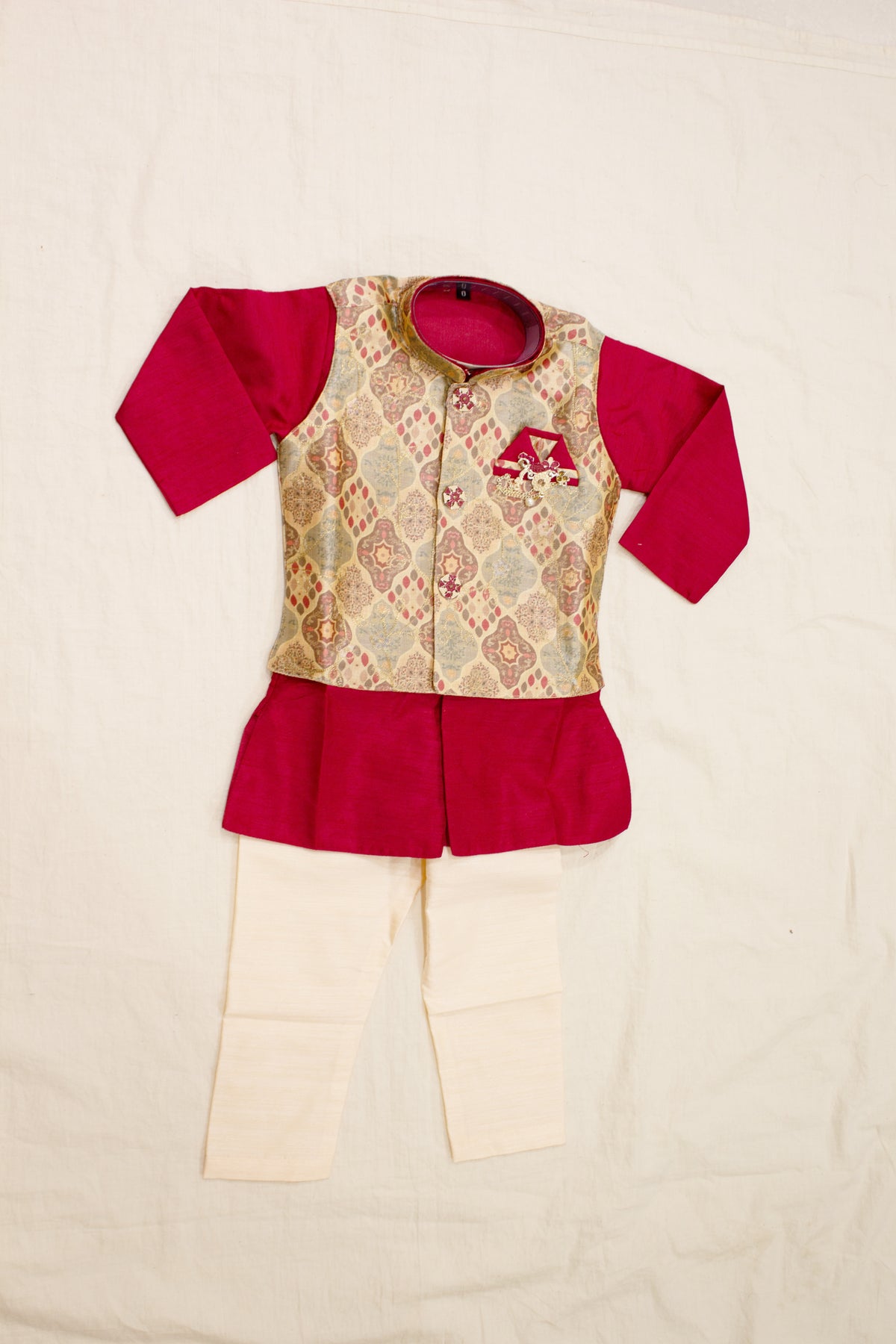Boys' Maroon Kurta with Brocade Nehru Jacket & Churidar Set