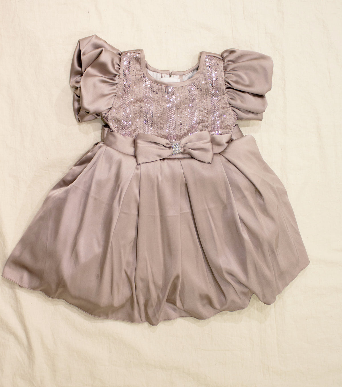 Baby Girls' Dusty Mauve Satin Sequin Thread Work Puff Sleeve Party Dress