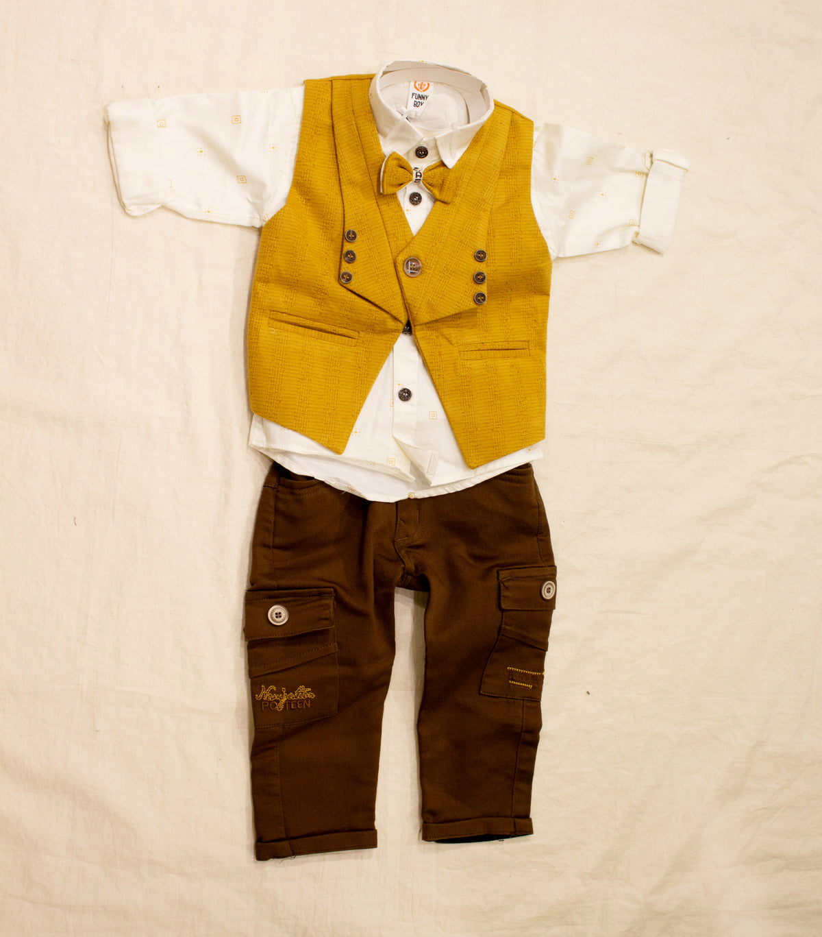 Boys Mustard & White 3-Piece Party Set – Shirt, Waistcoat & Cargo Pants