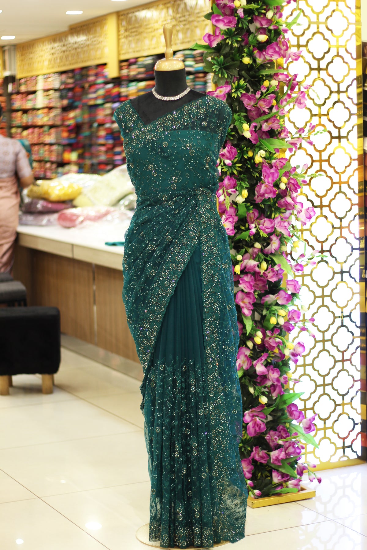 Rama Green Net Fancy Saree with Thread & Stone Work | Stone Threadwork Blouse