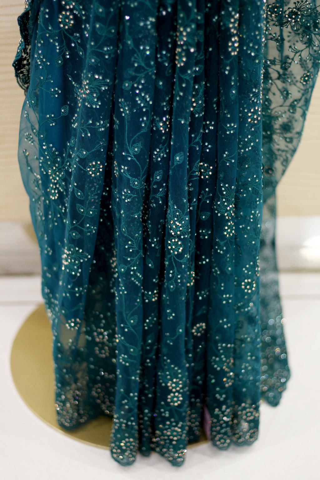 Rama Green Net Fancy Saree with Thread & Stone Work | Stone Threadwork Blouse