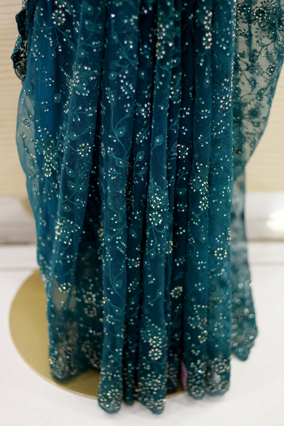 Rama Green Net Fancy Saree with Thread & Stone Work | Stone Threadwork Blouse