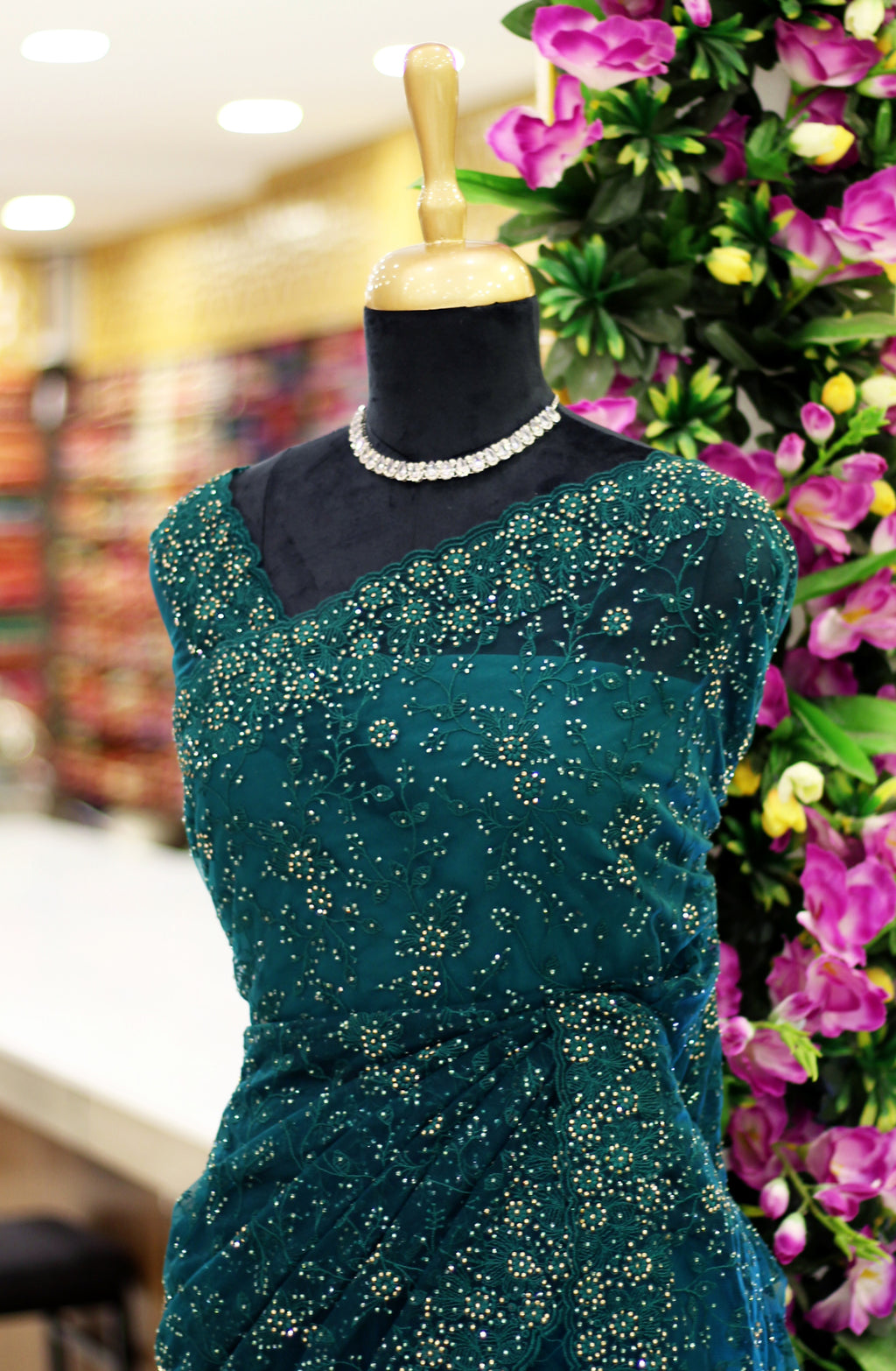 Rama Green Net Fancy Saree with Thread & Stone Work | Stone Threadwork Blouse
