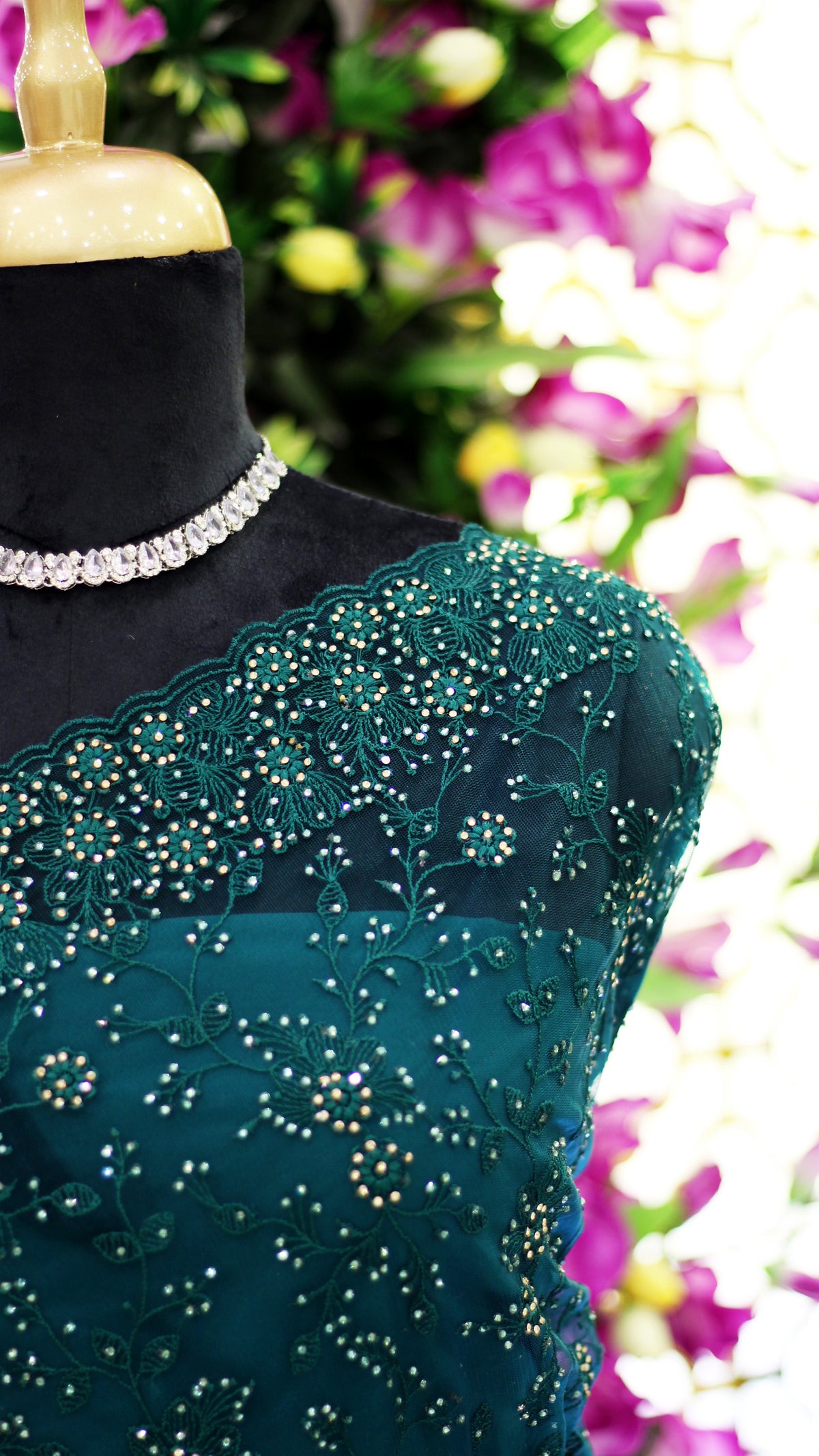 Rama Green Net Fancy Saree with Thread & Stone Work | Stone Threadwork Blouse