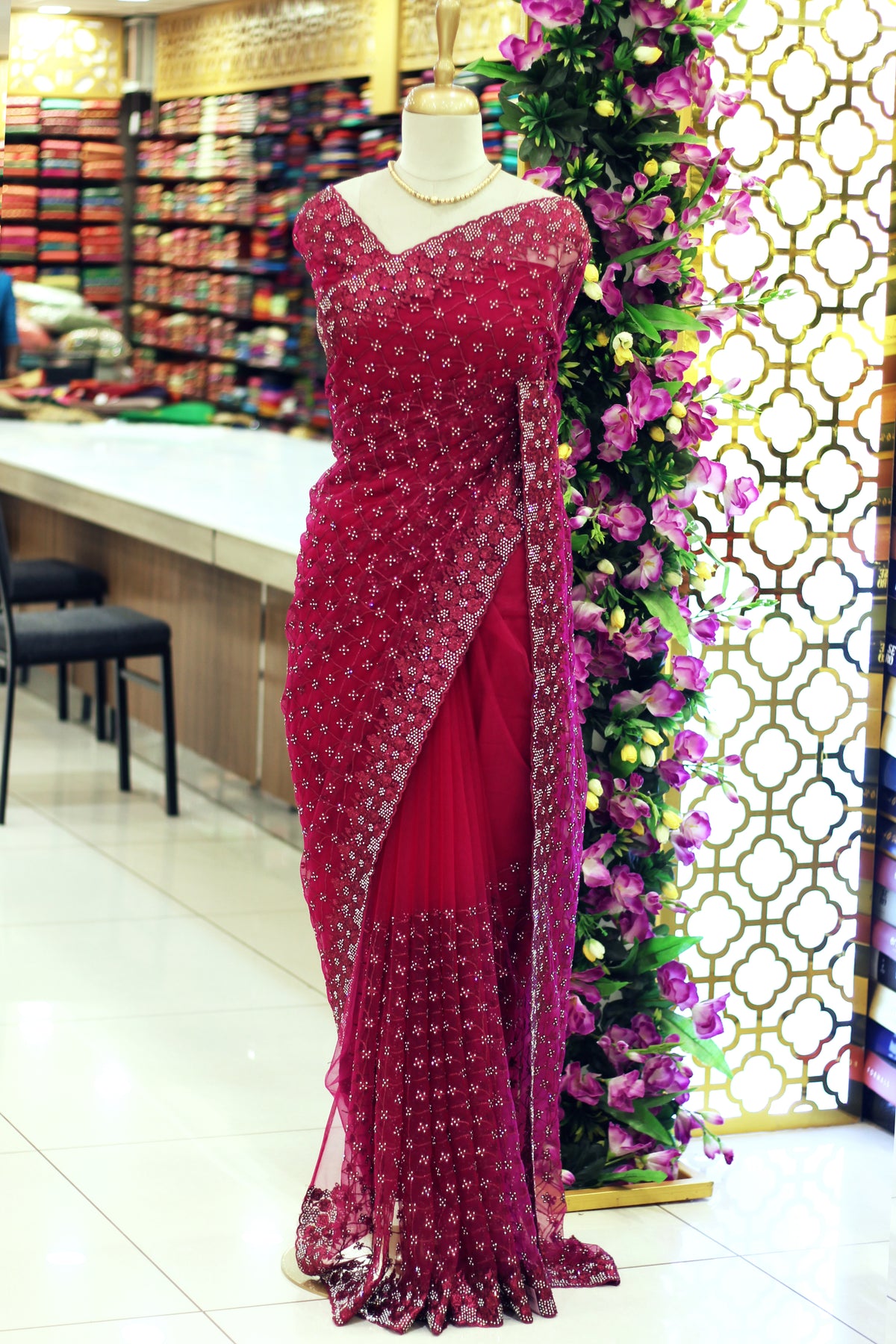 Rani Pink Net Fancy Saree with Thread & Stone Work | Stone Threadwork Blouse