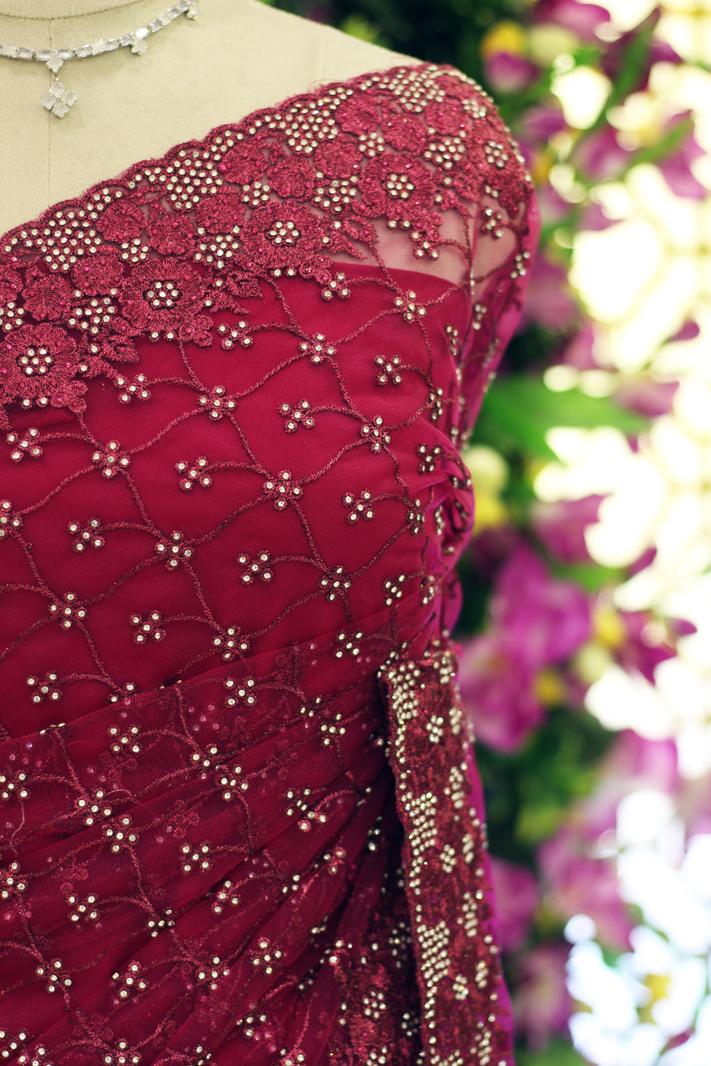 Rani Pink Net Fancy Saree with Thread & Stone Work | Stone Threadwork Blouse