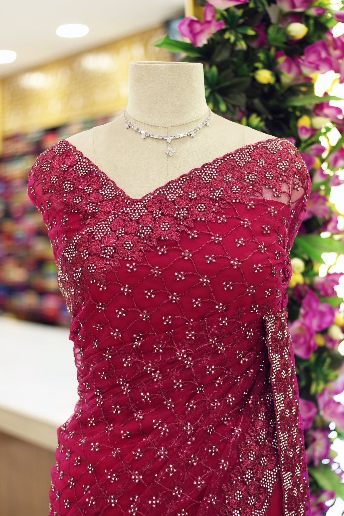 Rani Pink Net Fancy Saree with Thread & Stone Work | Stone Threadwork Blouse