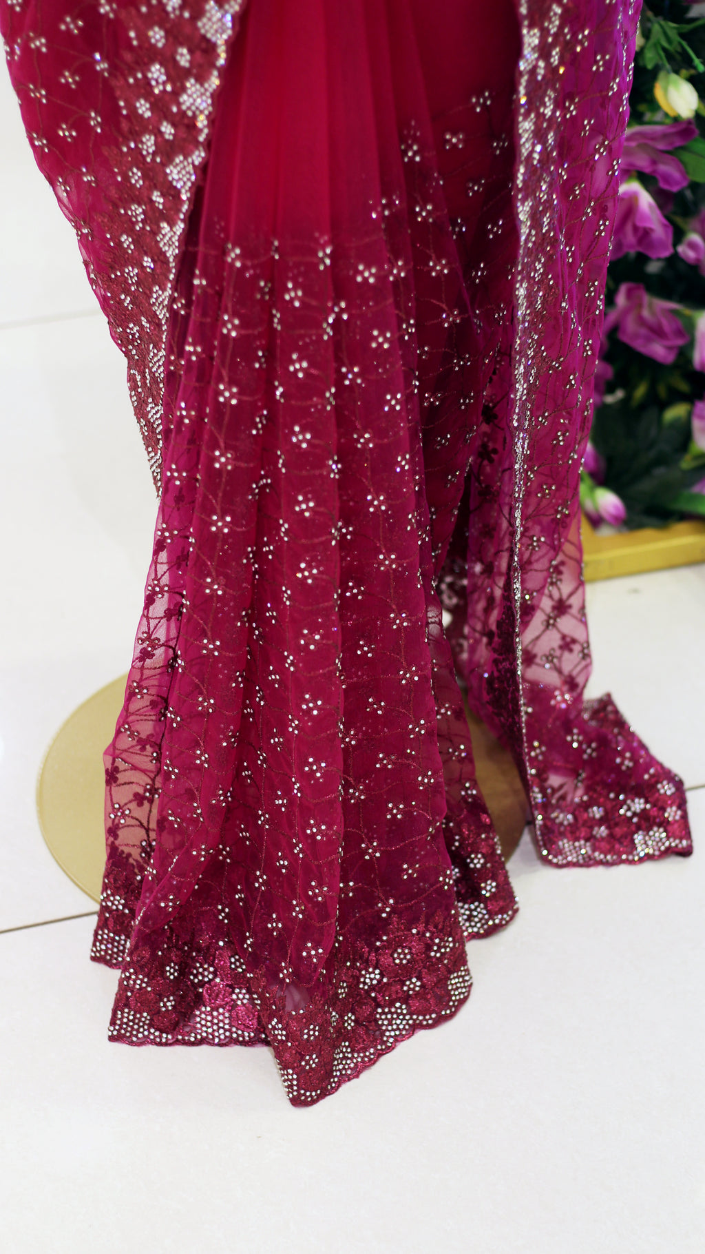 Rani Pink Net Fancy Saree with Thread & Stone Work | Stone Threadwork Blouse