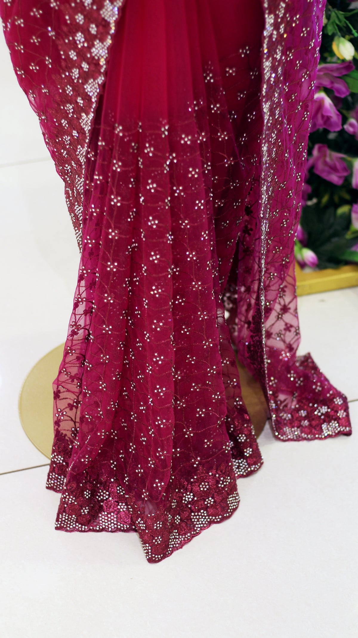 Rani Pink Net Fancy Saree with Thread & Stone Work | Stone Threadwork Blouse