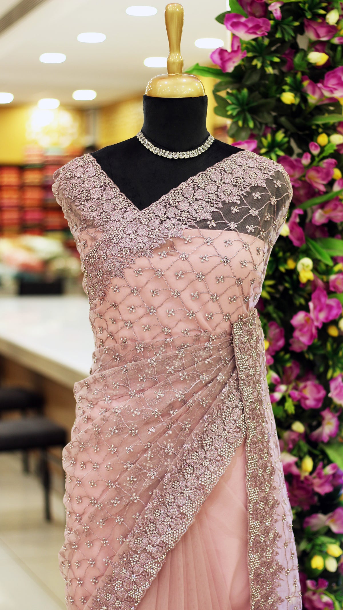 Light Lavender Net Fancy Saree with Thread & Stone Work | Stone Threadwork Blouse