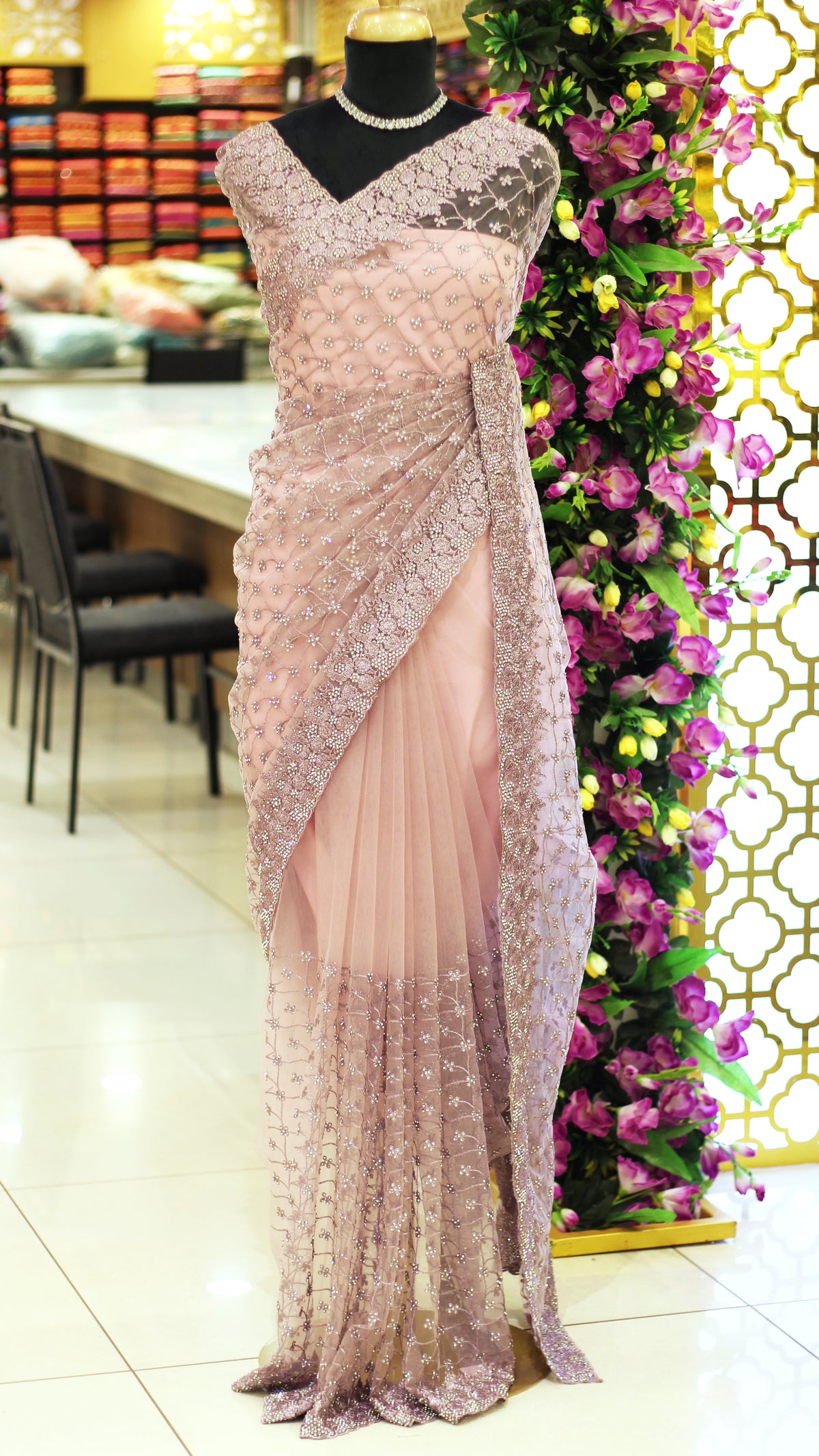 Light Lavender Net Fancy Saree with Thread & Stone Work | Stone Threadwork Blouse