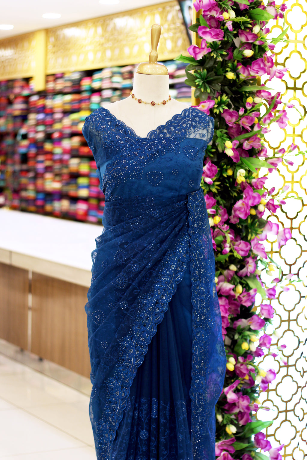 Royal Blue Net Fancy Saree with Thread & Stone Work | Stone Threadwork Blouse