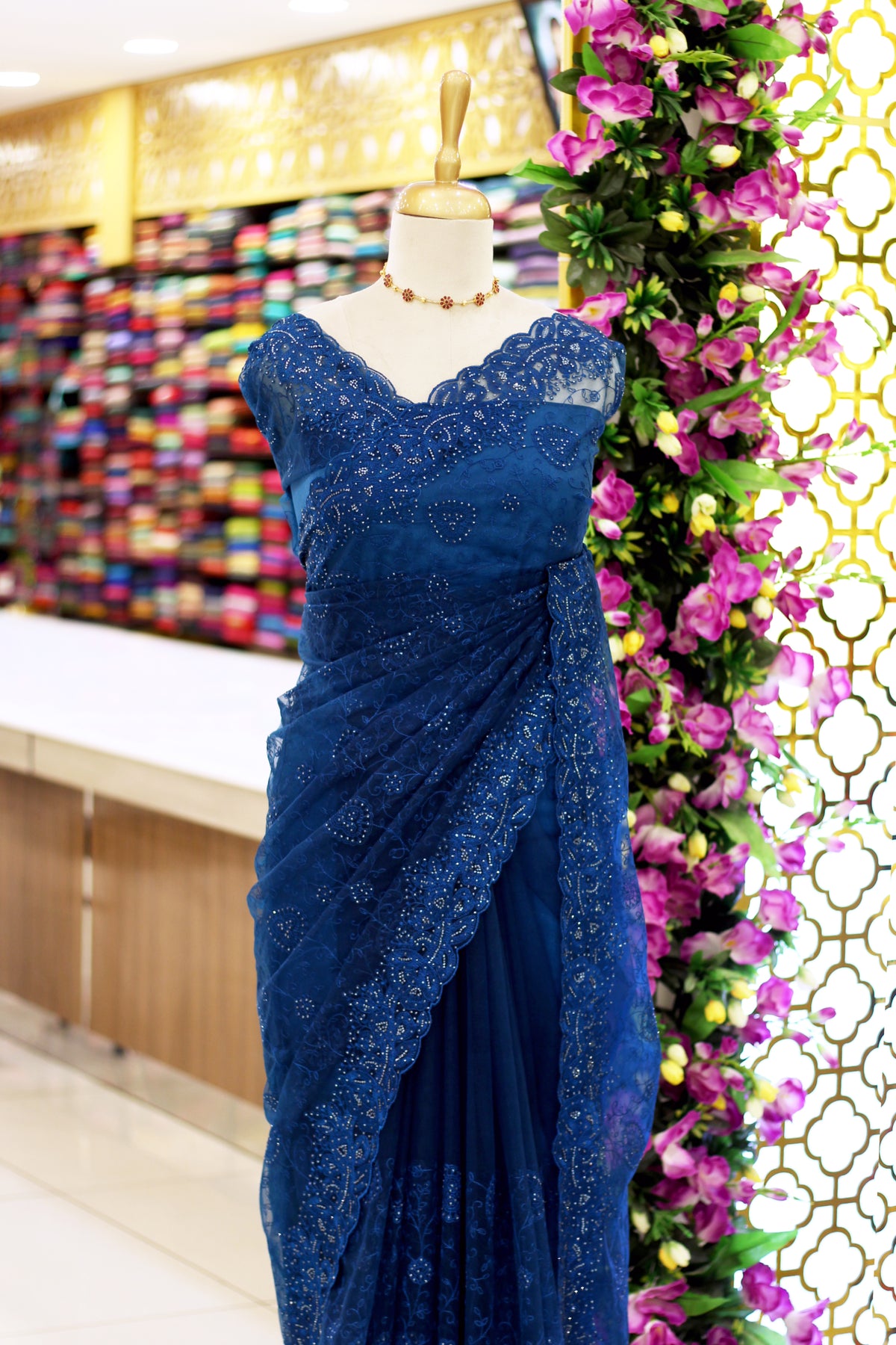 Royal Blue Net Fancy Saree with Thread & Stone Work | Stone Threadwork Blouse