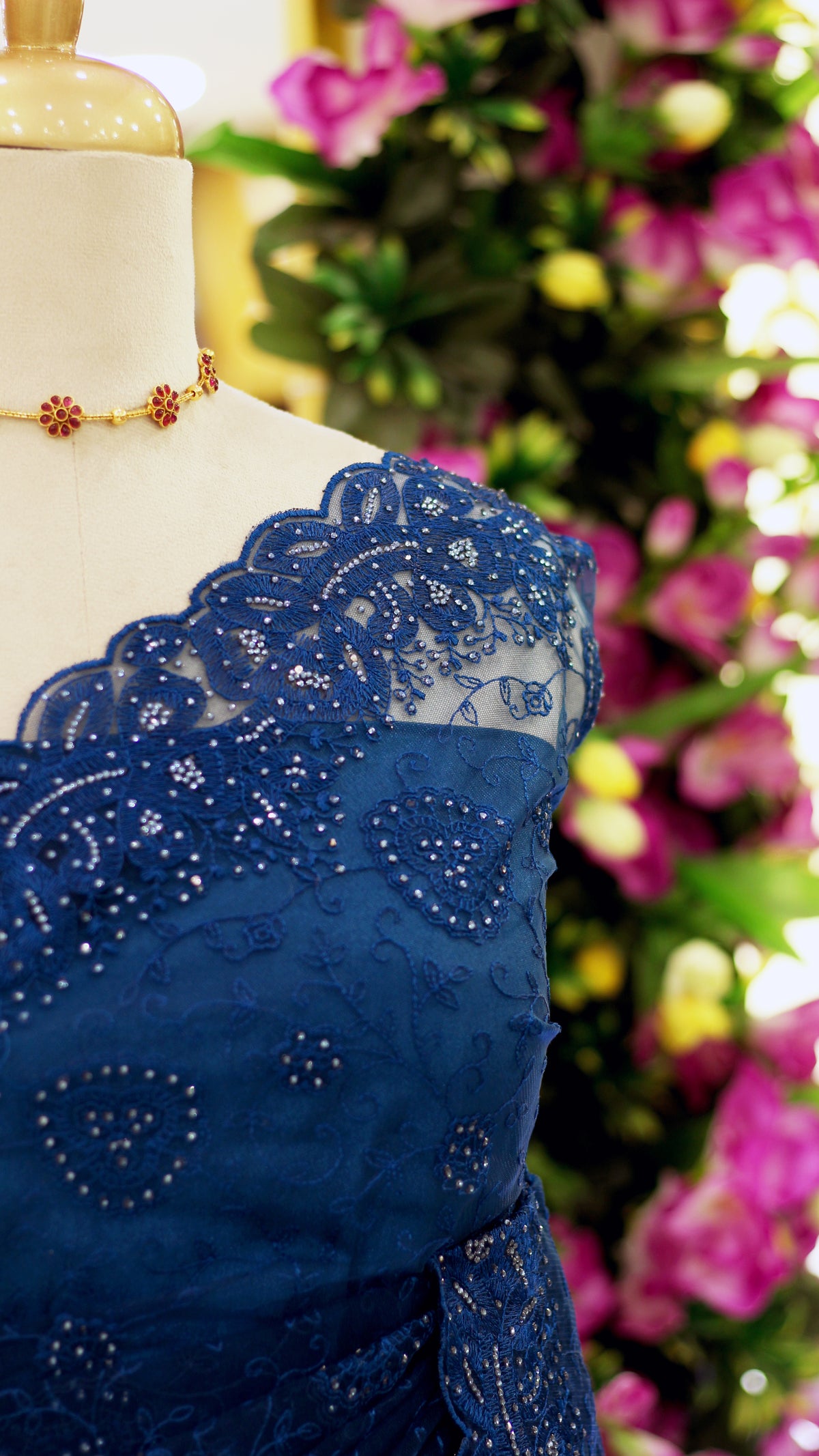Royal Blue Net Fancy Saree with Thread & Stone Work | Stone Threadwork Blouse