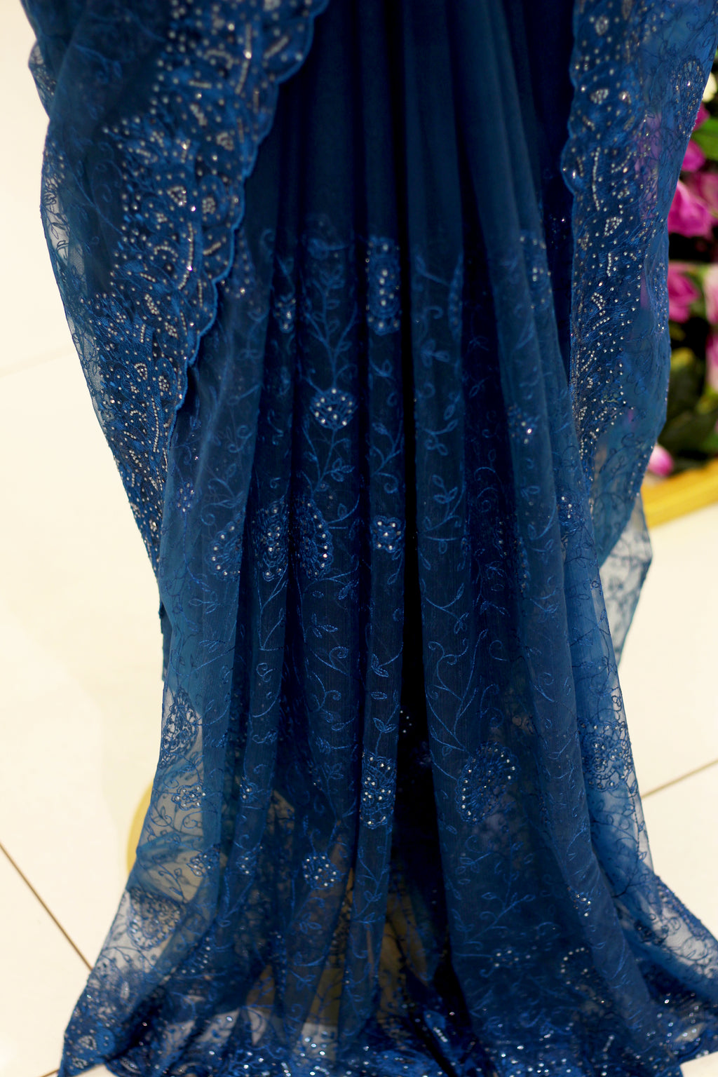 Royal Blue Net Fancy Saree with Thread & Stone Work | Stone Threadwork Blouse