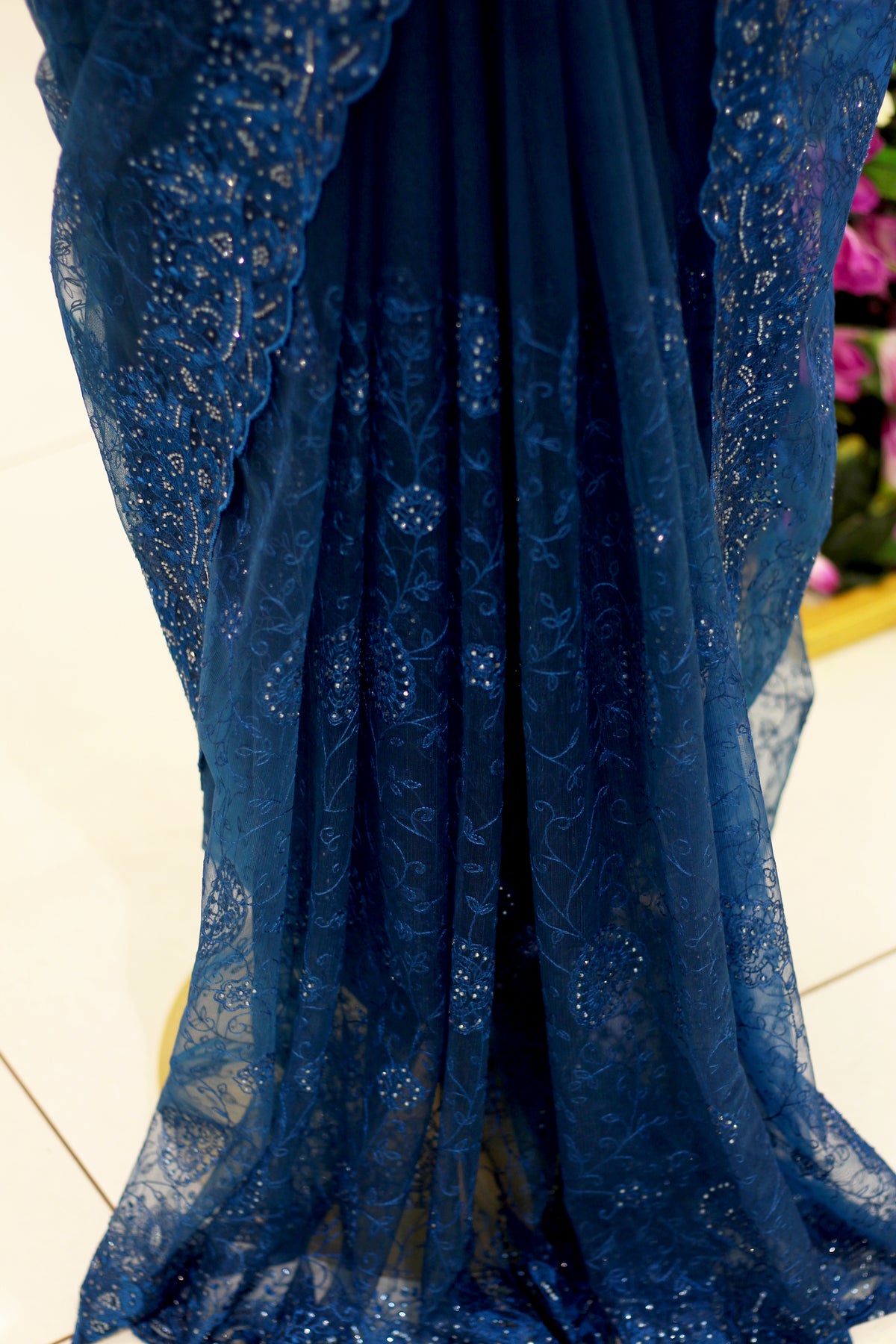 Royal Blue Net Fancy Saree with Thread & Stone Work | Stone Threadwork Blouse